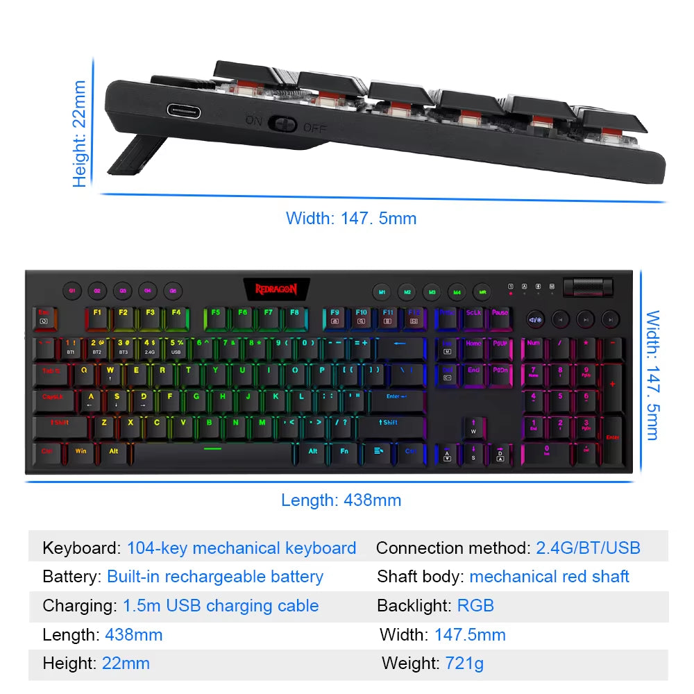 Horus K618 RGB Support Bluetooth 5.0 Wireless USB 2.4G 3 Mode Mechanical Gaming Keyboard 104 Keys for Compute PC Laptop