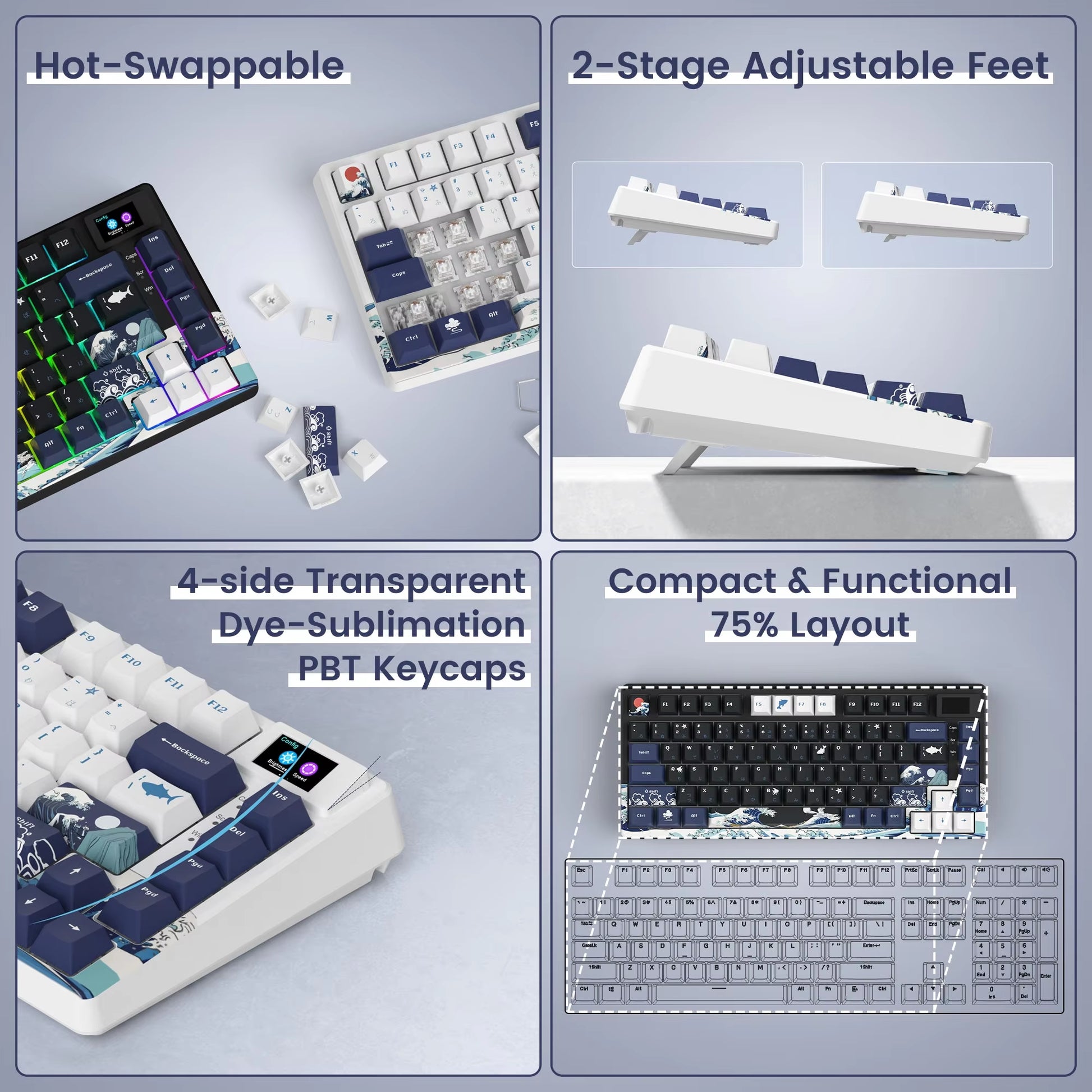 S-K80 75% Coral Sea Keyboard with OLED Display Mechanical Gaming Keyboard Hot Swap Keyboard Gasket RGB Custom Keyboard