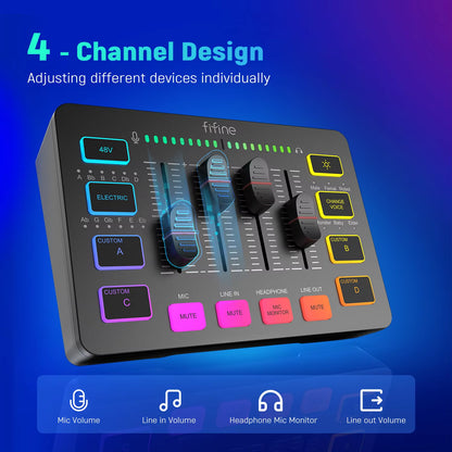 Gaming Audio Mixer,Streaming 4-Channel RGB Mixer with XLR Microphone Interface,For Game Voice,Podcast,Ampligame SC3